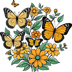 Aesthetic Vibrant Vector of Flowers and Butterfly