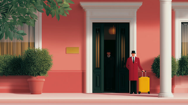 Elegant doorman greets guests outside a vibrant hotel entrance in the afternoon sunshine