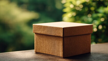 Simple brown box on wooden surface, blurred green background