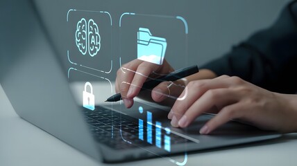 A woman uses a pen to interact with a holographic interface displaying data analysis, security, and business growth charts on her laptop