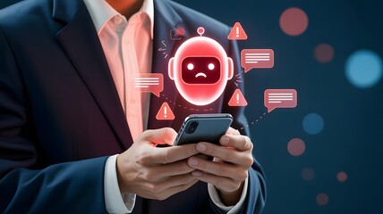 A businessman holds his phone, displaying a sad robot and multiple red error notifications