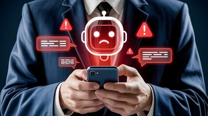 A businessman holds his phone, displaying a sad robot and multiple red error notifications
