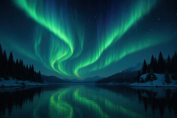 Majestic aurora over serene lake.