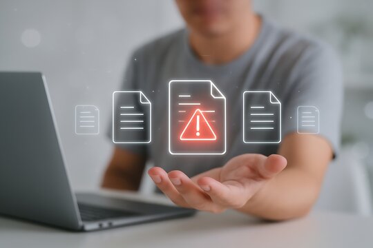 Cyber Security Threat Detected Man Facing Digital File Warning with Laptop, Data Breach Alert, Risk Management Illustration