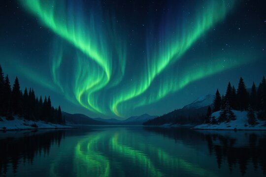 Majestic aurora over serene lake.