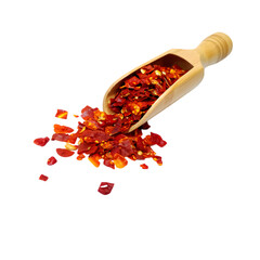 Red Chili Flakes Pouring from Wooden Scoop Isolated on a transparent background spice pepper
