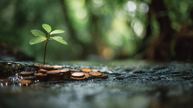 Sapling and Coins in Sustainable Growth Scene