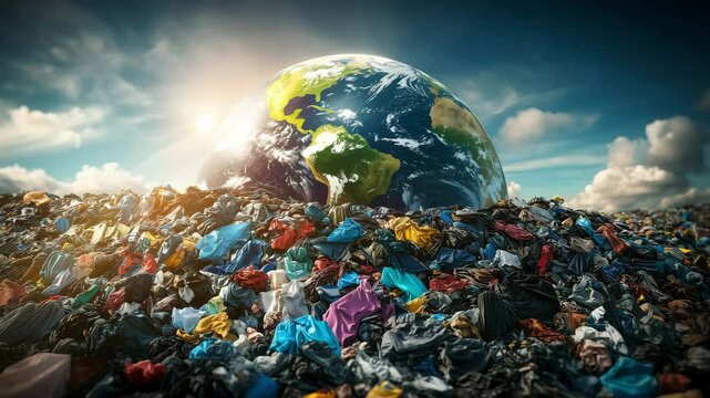 A globe surrounded by discarded clothes heap, symbolizing clothes waste recycling and sustainability, Fast fashion waste, Pollution environmental issues, Global warming concept	