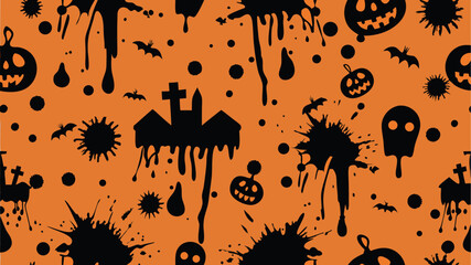 Halloween seamless pattern with bats and red yellow floral decoration on dark grunge background