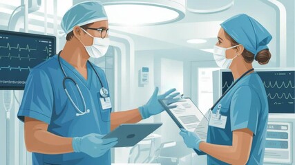 Surgical Team Briefing: Operation Room Discussion. Cartoon Illustration - Powered by Adobe