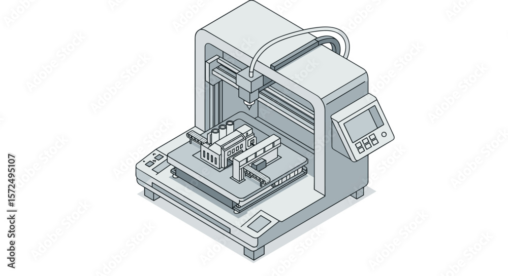 Poster isometric 3d printer creating building model in minimalist design