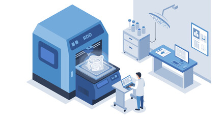 Isometric digital lab with 3d printer and scientist in a modern tech environment