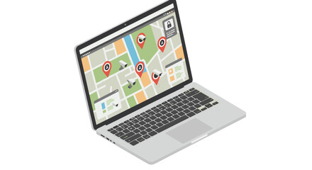 Isometric laptop with interactive map and location markers on screen