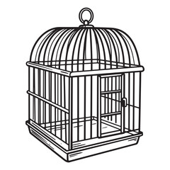 Detailed hand drawn illustration of an empty birdcage in a classic cage style