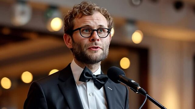 A man in a tuxedo and glasses speaks at a conference. A young scientist gives a speech.	