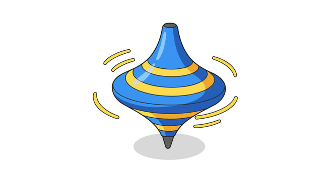 Colorful spinning top with blue and yellow stripes in cartoon style