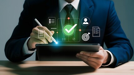 A businessman uses a stylus on a tablet, interacting with a digital interface showing a checklist and target, representing business planning