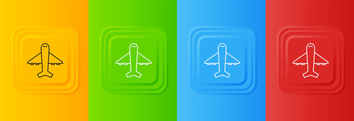 White Plane icon isolated on colorful background. Flying airplane icon. Airliner sign. Set icons in square buttons. Vector