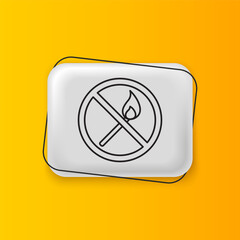 Black No fire match icon isolated on yellow background. No open flame. Burning match crossed in circle. Silver rectangle button. Vector