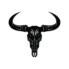 Stylized Bull Skull with Large Horns  Black and White Vector Illustration