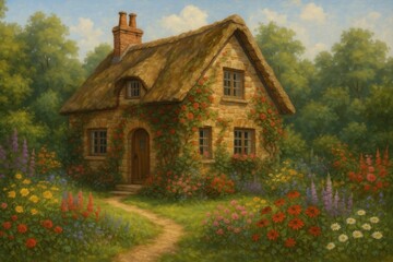Fototapeta premium Charming cottage amidst vibrant garden.