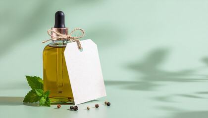Design concept with an empty tag on a fresh handmade oil bottle.