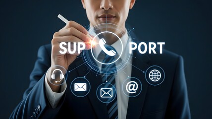 A businessman is writing the word support on a digital screen surrounded by communication icons