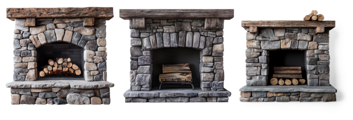 Rustic Stone Fireplace with Burning Logs on a Transparent Background