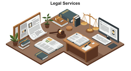 Isometric office design for legal services with scales of justice and documents