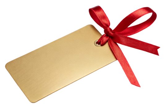 Gold gift tag with red satin ribbon bow isolated on transparent background