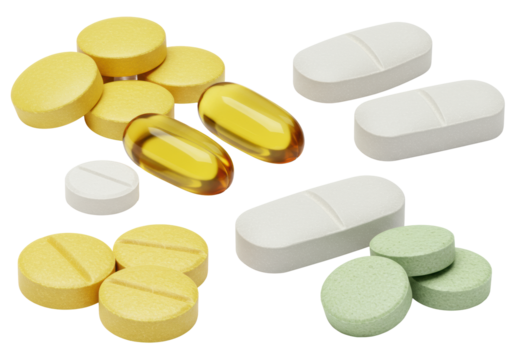 Meticulous collection of bright yellow round tablets, golden oval softgel capsules, transparent rectangular and circular tablets with score lines, and light green textured pills, all isolated on a