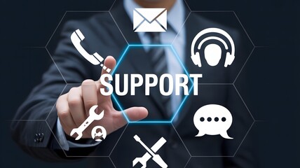 A businessmans finger touches a glowing hexagon displaying support, surrounded by relevant icons