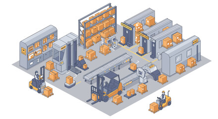 Fototapeta premium Isometric warehouse automation with robots and boxes in modern logistic center