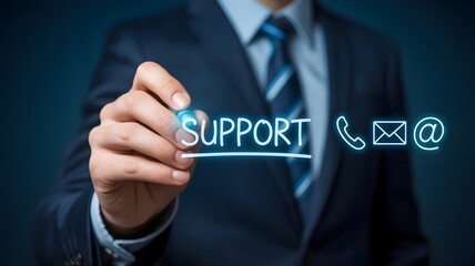 A businessman writes the word support and draws communication icons