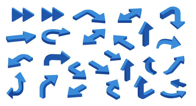 Collection of 3d blue arrows in various directions and shapes