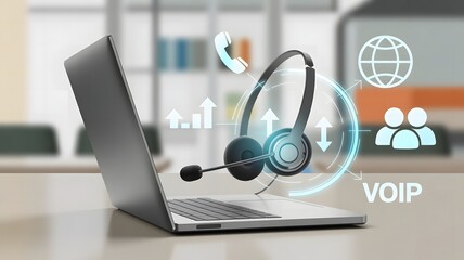 A headset rests on a laptop, surrounded by communication icons, symbolizing voip support