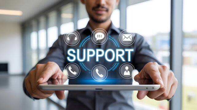 A man presents a tablet with a support interface, featuring various communication icons