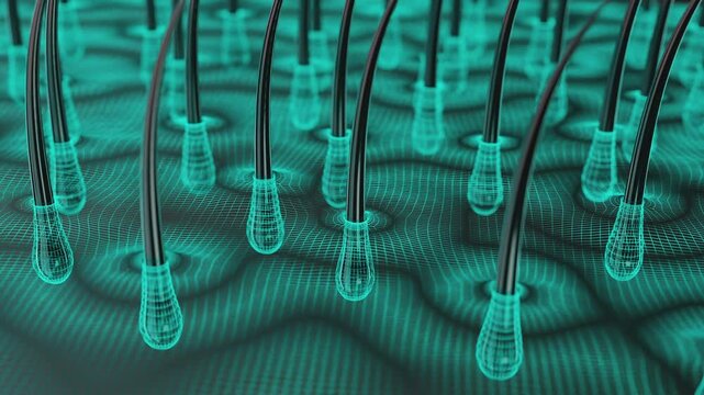 High-quality 3D animation showing close-up view of hair follicles and scalp structure. Ideal for medical, skincare, or biotechnology presentations.
