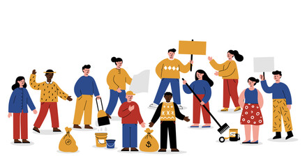 Diverse group advocating for change with signs and symbols