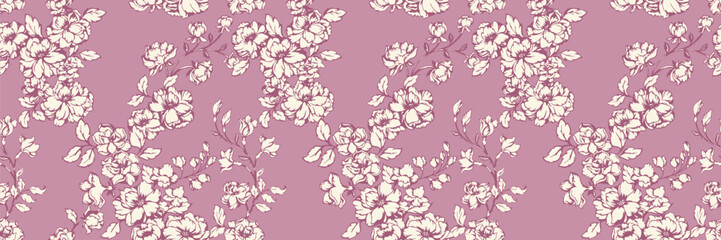 Seamless floral pattern featuring blossoms with delicate leaves. Perfect for textiles, wallpaper, packaging, and stationery. Monochrome and feminine design.