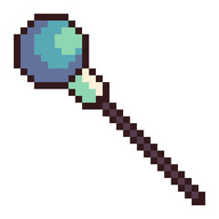 Blue Crystal Staff, Pixel Art Icon, Isolated
