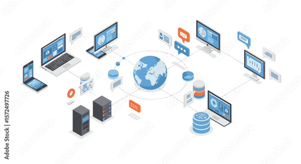 Poster global networking and data exchange in isometric design