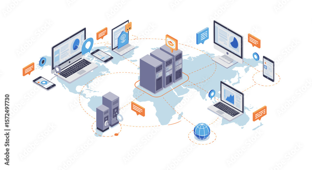 Poster global network communication and data exchange with servers and devices in isometric style