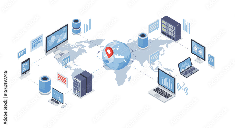 Poster global network and data visualization with isometric design