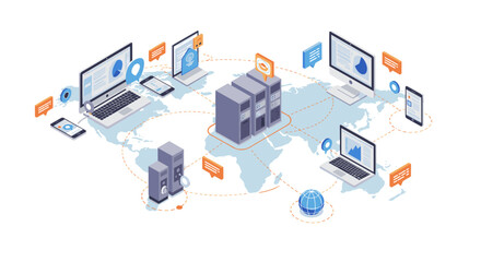 Global network communication and data exchange with servers and devices in isometric style