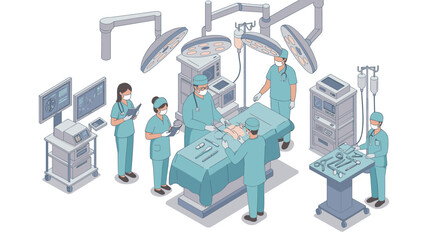 Isometric hospital surgery scene with medical team and equipment