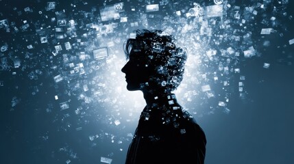 Abstract Portrait of a Person Surrounded by Digital Data and Ideas