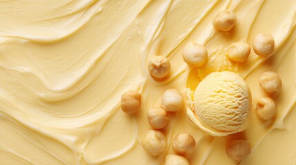 flatlay macadamia nuts on swirled yellow ice cream background in clean style
