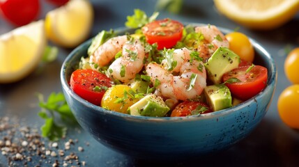shrimp avocado salad with cherry tomatoes and lemon in blue bowl closeup