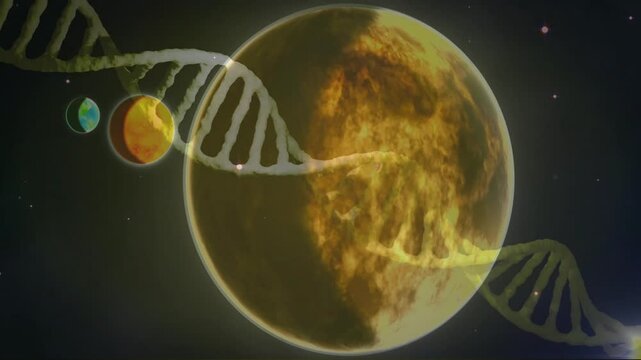 Purple-tinged DNA helix scrolling from right edge over brown planet, revealing rotating textures